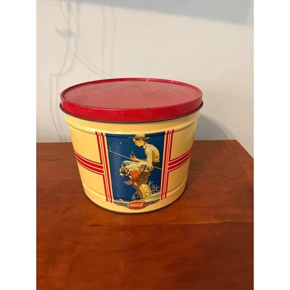 Vintage Coca-Cola Norman Rockwell Metal Cookie Tin Canister w/ Lid 10” x 7”